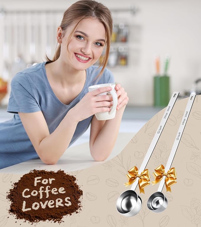 304 Stainless Steel Coffee Scoop, Long Handle Measuring Scoop for Ground Coffee, Engraved TBSP/ML, Dishwasher Safe (1 Tbsp & 2 Tbsp)