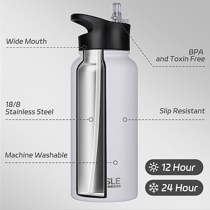HASLE OUTFITTERS 32 oz Insulated Water Bottle Stainless Steel Double Walled Vacuum Sports Water Bottle with 2 Lids (Straw and Spout Lid) for Gym Camping Hiking(White,4)
