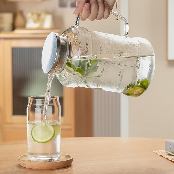 Glass Pitcher with Lid, 2 PACK 74 oz/2.2L Water Pitcher, Clear Borosilicate Glass Water Carafe for Cold Brew, Coffee, Lemonade, Iced SunTea,Beverage, Heat Resistant Water Glass Jug