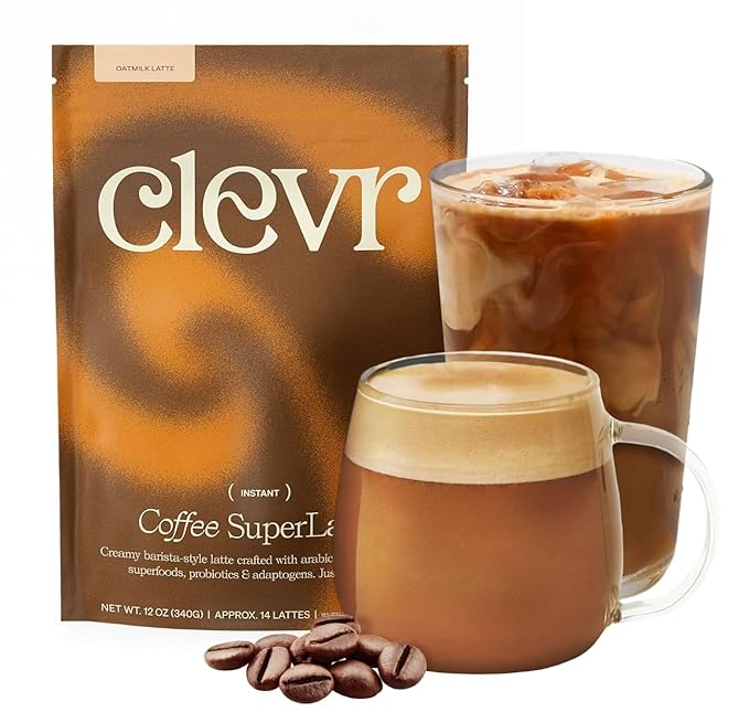 Clevr Blends Mushroom Coffee Latte, Instant Powder with Oat Milk, Lions Mane, Reishi Mushroom, Arabica Coffee Beans Medium Roast Fair Trade, Coconut Cream, Ashwagandha, Serve Hot or Iced, (14 Lattes)