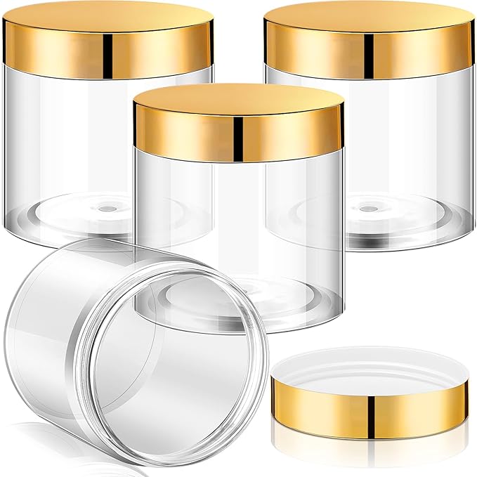 Patelai 4 Pieces Round Wide-mouth Leak Proof Plastic Container Jars with Lids for Travel Storage Makeup Beauty Products Face Creams Oils Salves Ointments DIY Making(8 Ounce,Gold)