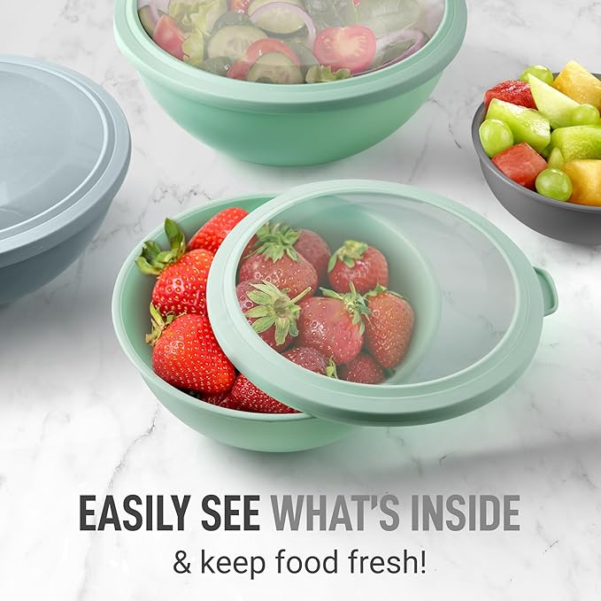 Zulay Kitchen 12 Piece Plastic Nesting Mixing Bowl Set - Colorful Bowls with Lids - Microwave and Freezer Safe (Mint Ombre)