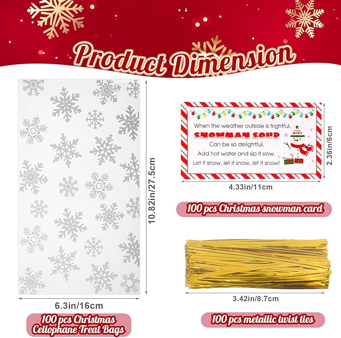 100 Sets Christmas Snowman Soup Kits for Classroom Coworker Gift 12 Oz Winter Snowman Paper Cups for Hot Cocoa Chocolate Marshmallow Soup Tags Clear Xmas Bags (Vibrant)