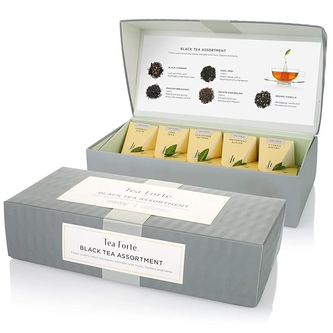 Tea Forte Assorted Black Tea Petite Presentation Box Tea Gift Set Sampler, 10 Count, 2 of Each Variety Individually Wrapped Handcrafted Pyramid Infuser Bags