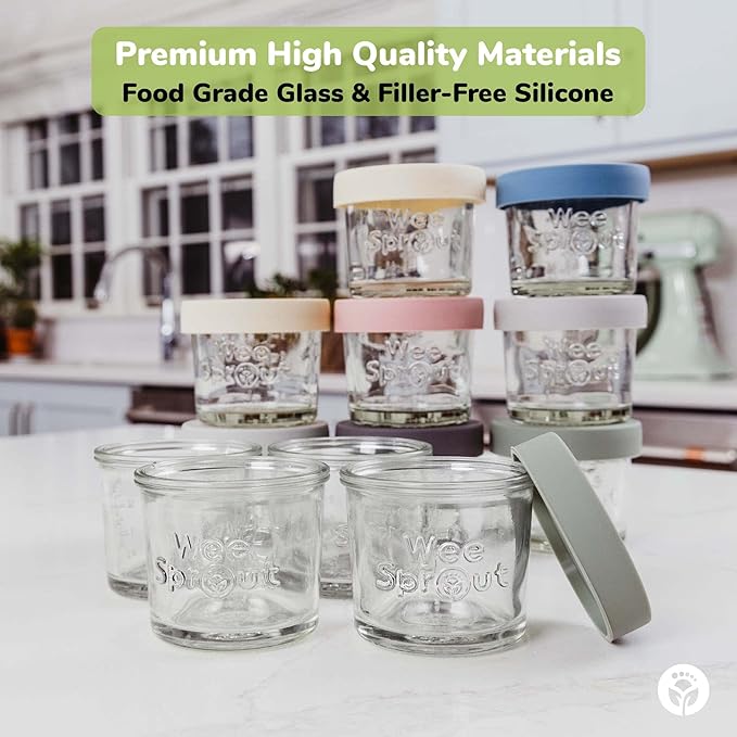 WeeSprout Glass Baby Food Storage Jars w/Lids (4 oz, 12 Pack Set) Snack, Puree, Reusable Small Containers, Breast Milk, Fridge or Freezer, Microwave & Dishwasher Safe, Essential Must Have for Infants