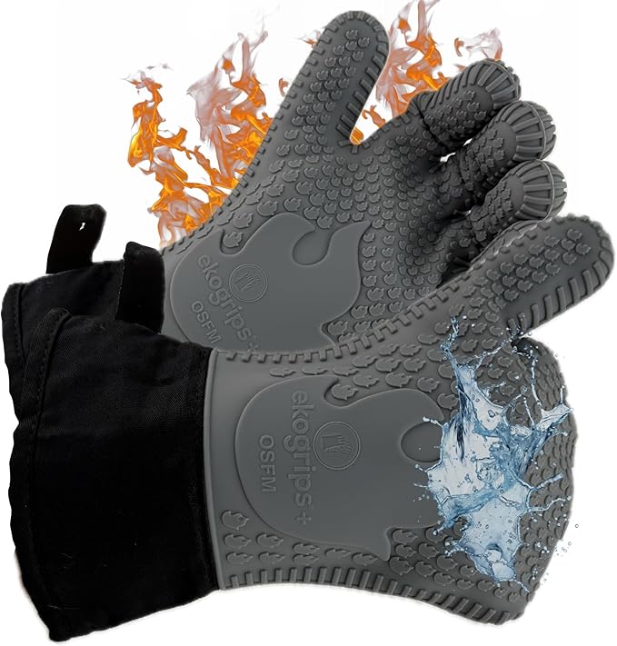 Ekogrips+ Premium Silicone Oven Mitts - Comfy, Waterproof, Heat Resistant BBQ Gloves for Grilling, Long Cuff for Added Protection, 5 Finger Dexterity, 3 Sizes, 4 Colors, S/M, Grey