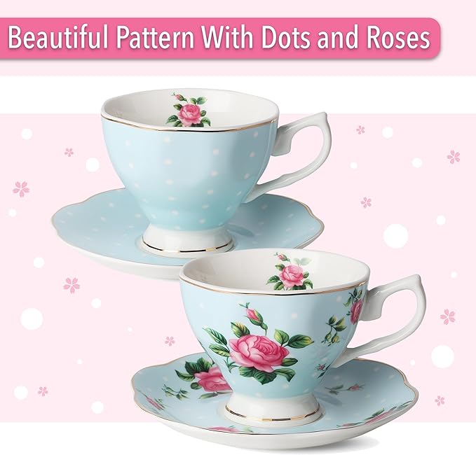 BTaT- Floral Tea Sets for Adults, 13 pcs, Service for 4, Pot (38 oz) & Cups (8 oz) with Saucers, Pastel Blue Floral Design, Porcelain Tea Set for Adult, Dishwasher Safe