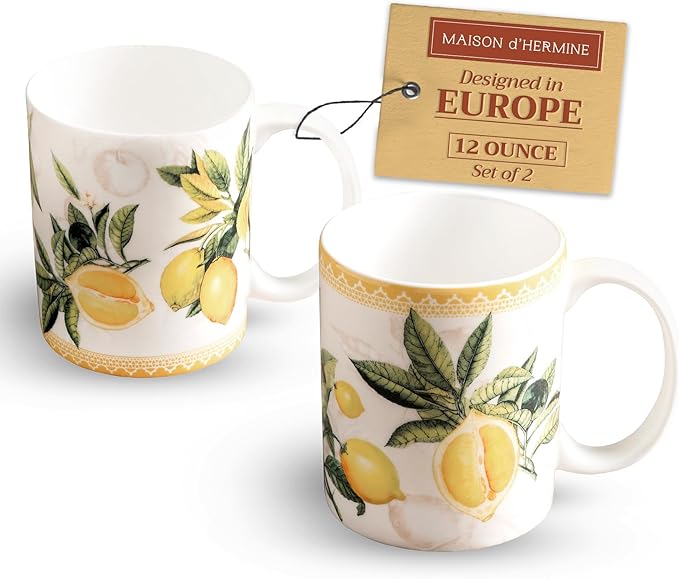 Maison d' Hermine Coffee Mug with Handles Fine Bone China Mugs Pack of Two Tea Cups for Hot Beverages Cappuccino Latte Home Restaurant Office Perfect for Gift (Limoncello, 12 Ounce)