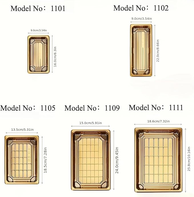 10 Pack Gold Rectangular Sushi Containers with Clear Lids – Disposable Plastic Food Boxes for Party, Takeout & Catering – Elegant, Stackable Trays for Sushi, Snacks & Desserts(Model No.1105)