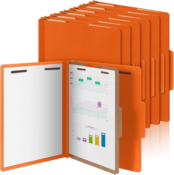 12 Pcs Classification Folders Letter Size, Back to School Supply for Teacher, Student, 1 Divider Pressboard File Folder Bulk with 2 Fasteners, 3.5 Inch Expanding File Organizer (Orange)
