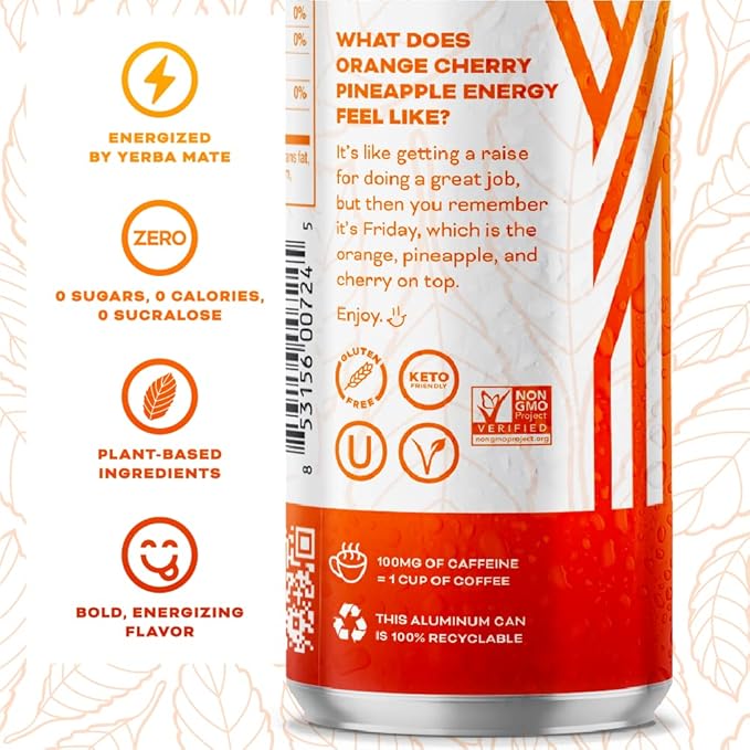 Yerbaé Energy Seltzer - Orange Cherry Pineapple No Sugar/Calories/Carbs. Energized by Yerba Mate, Naturally Caffeinated Plant-Based, Healthy Alternative to Coffee/Sugary Sodas, Pack of 12, 12oz cans