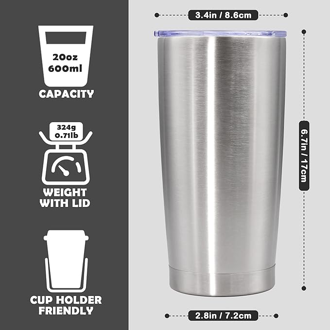 20oz Tumbler Bulk Stainless Steel Tumbler Cup with Lid Vacuum Insulated Double Wall Travel Mug, Durable Powder Coated Travel Coffee Tumbler Mug for Hot & Cold Drinks, Stainless Steel,12 Pack