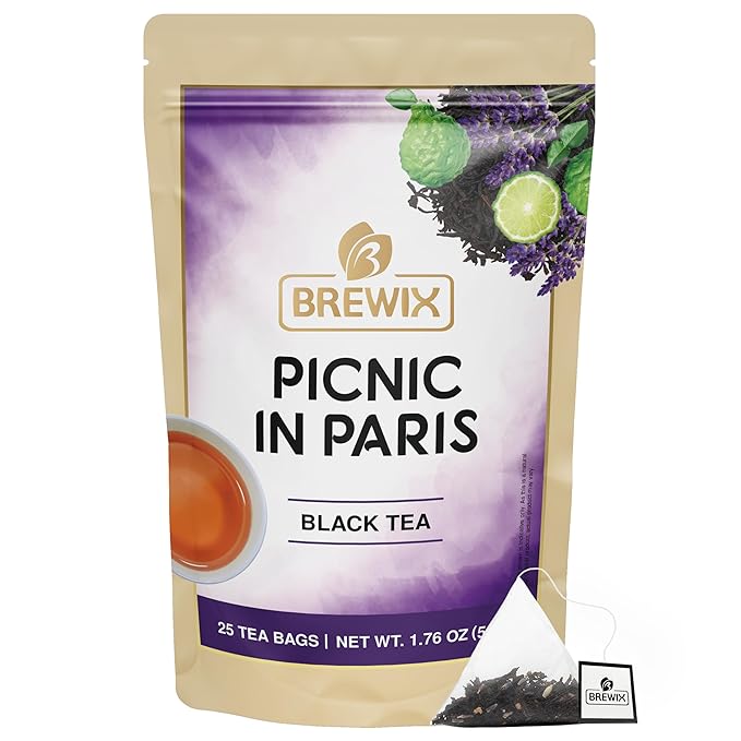 BREWIX, Earl Grey with Lavender Tea, Picnic in Paris Black Tea (25 Pyramid Tea Bags) | Black Tea with Bergamot, Lavender and Vanilla Notes | Gourmet Tea