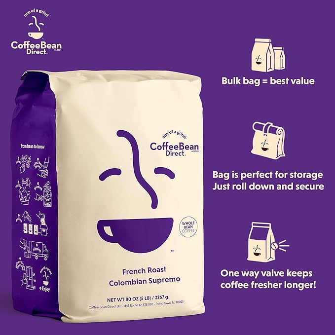 Coffee Bean Direct French Roast Colombian Supremo, Whole Bean Coffee, Dark Roast, 5 Pound Bag (Pack of 1)