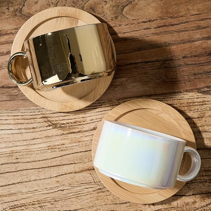 LUKA Porcelain Espresso Cup with Saucers and Metal Stand - 6 Ounce Stackable Ceramic Demitasse Espresso Mugs Cappuccino Cups Set for Latte, Coffee, Cafe Mocha, Tea - Set of 4,Shimmer Golden