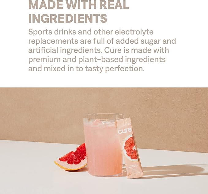 Cure Hydration | Plant-Based Electrolyte Drink Mix | No Added Sugar | FSA-HSA | Dehydration Relief Powder Made with Coconut Water | Non-GMO | Vegan | Pouch of 14 Packets - Grapefruit