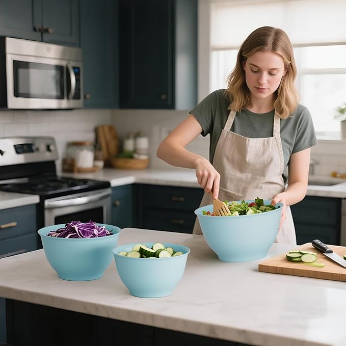 TP Large Mixing Bowl Set with Lids, Melamine Nesting Bowls Set for Pasta Baking Salad Mixing, Set of 3, Glossy Turquoise