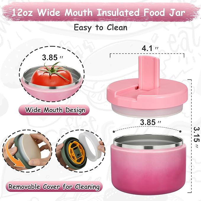 12oz Insulated Vacuum Food Jar with Buckle Lid Wide Mouth Soup Thermo for Hot Food Kids Leakproof Stainless Steel Lunch Container (Gradient Pink, 12OZ)