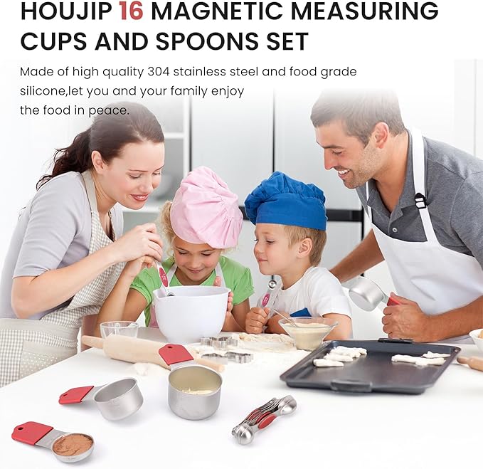 Magnetic Measuring Cups and Spoons Set-Heavy Duty 304 Stainless Steel，Double Measurement Markings，Set of 16 with Leveler for Measure Dry and Liquid Ingredients (Red)