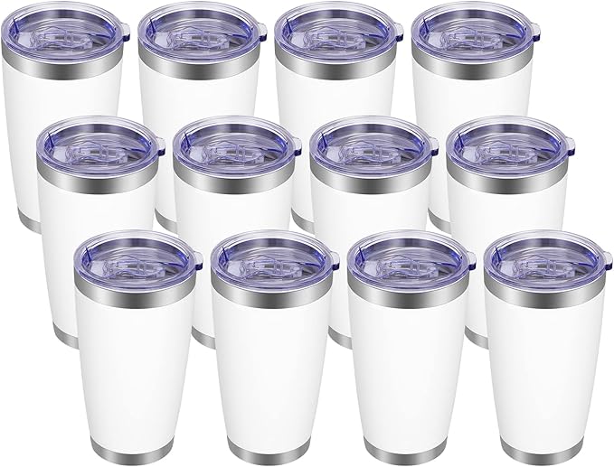 VEGOND 20oz Tumbler with Lid and Straw Stainless Steel Tumbler Cup Bulk Vacuum Insulated Double Wall Travel Coffee Mug Powder Coated Coffee Cup(White 12 Pack