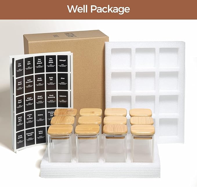 ComSaf Spice Jars with Labels 8 oz 16Pack, Small Spice Containers Starter Set, Glass Seasoning Jars with Lids, Square Seasoning Containers for Salt, Pepper, Chili Powder, Sugar, Loose Tea Storage