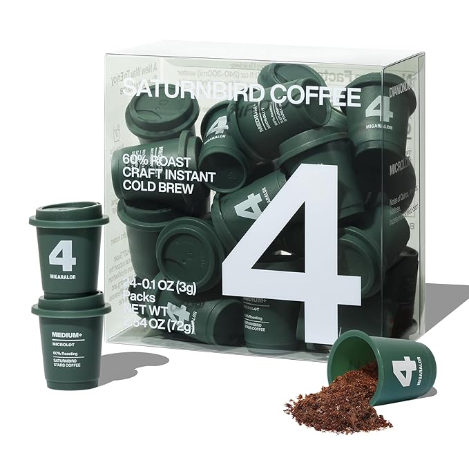 SATURNBIRD Coffee Instant Cold Brew, Medium-Dark Roast, Smooth & Balanced Blend of 100% Specialty Arabica, Enjoy Hot or Cold, Freeze Dried Iced Coffee, 24 Single Servings for Home Travel Office (NO.4)