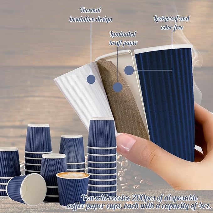 200 Pcs 4oz Paper Espresso Cups Ripple Wall Hot Cups For Coffee Disposable Coffee Cup Paper Hot/Cold Drinking Cups for Party, Picnic, Travel and Events (Blue)