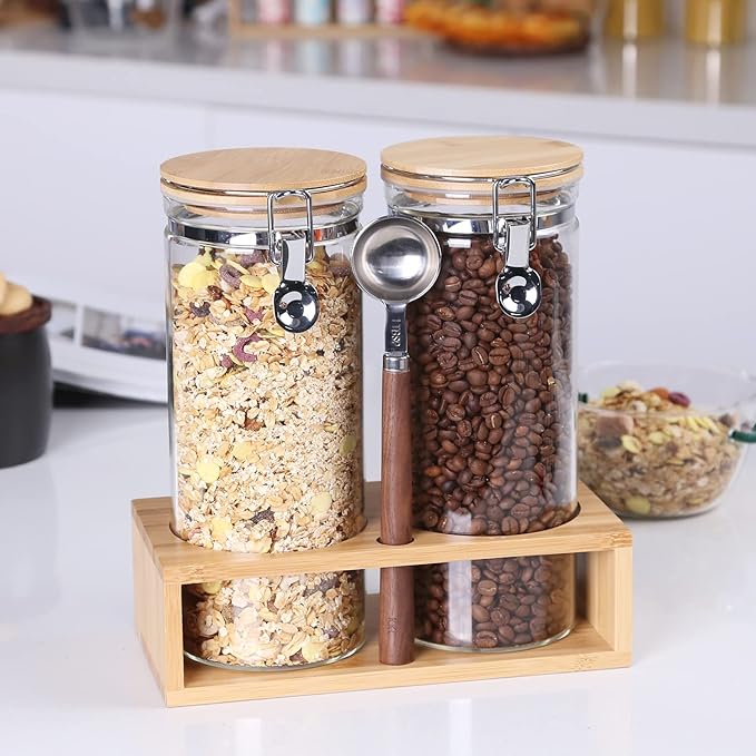 KKC Airtight Tall Glass Coffee Sugar Jar Canisters with Hinged Lids for Countertop,Glass Storage Containers with Scoop for Coffee Grind,Brown Sugar Flour Sealed Glass Jars,54 Fl oz