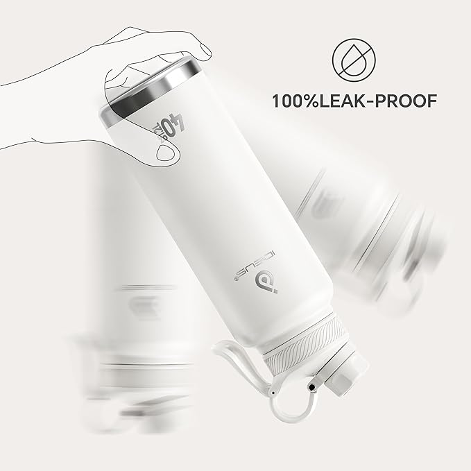 IDEUS Insulated Stainless Steel Water Bottle with 2 Leak-Proof Lids, Thermal Water Flask for Hiking Biking, 40oz, White
