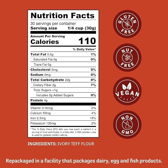 Judee's Ivory Teff Flour 2 lb - Non-GMO, Vegan, Made in USA - Resistant Starch - Great for Making Quick Teff Bread, Injera, Muffins, Pancakes, and Cookies - Gluten-Free and Nut-Free
