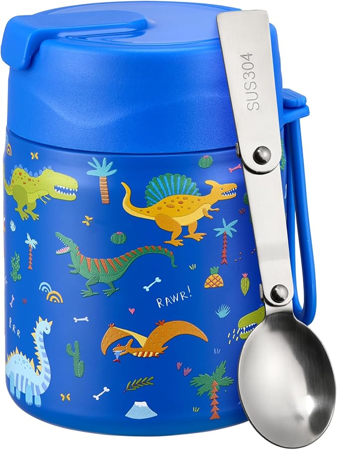 17oz Soup Thermo for Hot Food Kids Insulated Vacuum Food Jar with Stainless Steel Spoon Wide Mouth Thermo Leakproof Lunch Food Container Kids Hot Lunch Box (Blue-Dinasour)