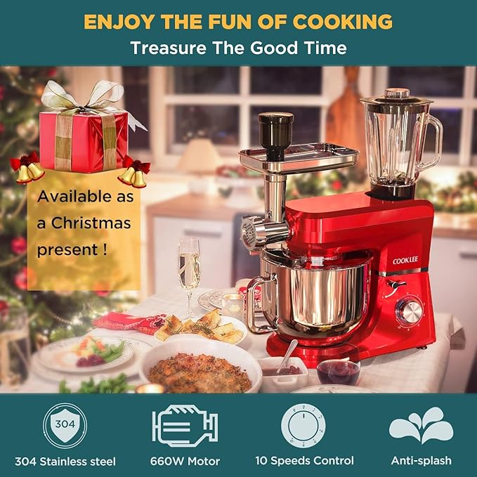 COOKLEE 6-IN-1 Stand Mixer, 8.5 Qt. Multifunctional Electric Kitchen Mixer with 9 Accessories for Most Home Cooks, SM-1507BM, Ruby Red