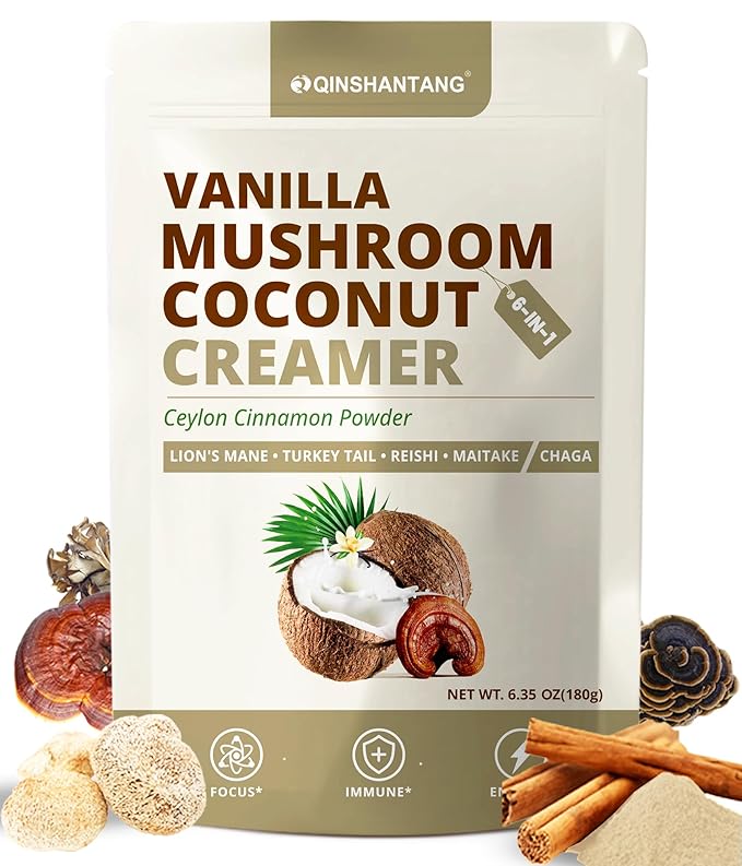 Mushroom Coffee Creamer, Vanilla Coconut Creamer, 5 Mushrooms and Ceylon Cinnamon Powder | Lion's Mane, Turkey Tail, Reishi, Maitake, Chaga, Cordyceps | Upgraded Formulation, Easy to Enjoy | 6.35 Oz