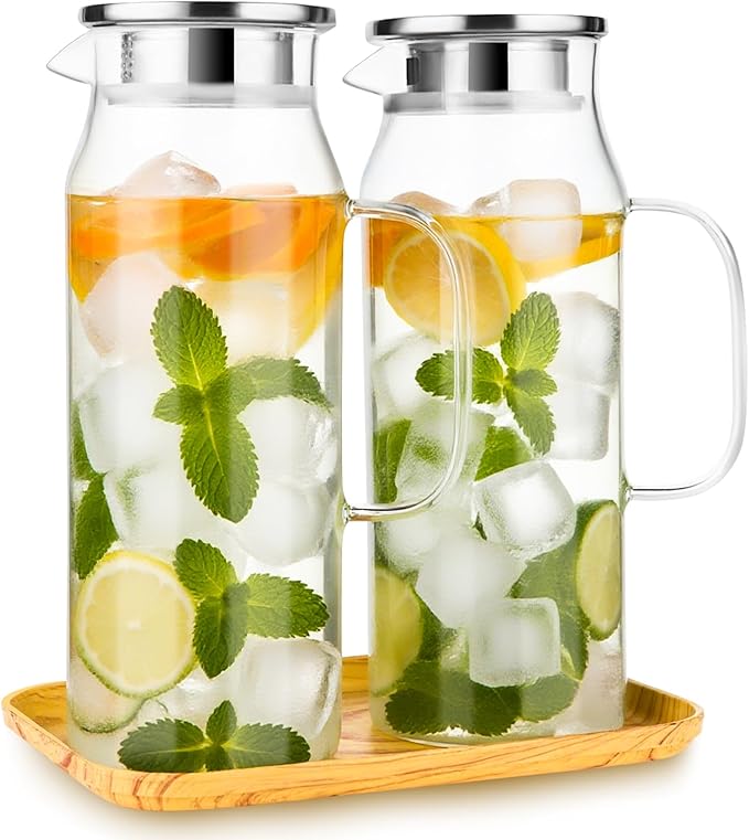2 Pack 2L/68 oz Glass Pitcher with Lid and Handle,Square Water Pitchers for Fridge, Leak-Proof Spout,Large Ice Tea Jug for Hot/Cold Drinks, Ideal for Cold Brew, Juice, Iced Tea