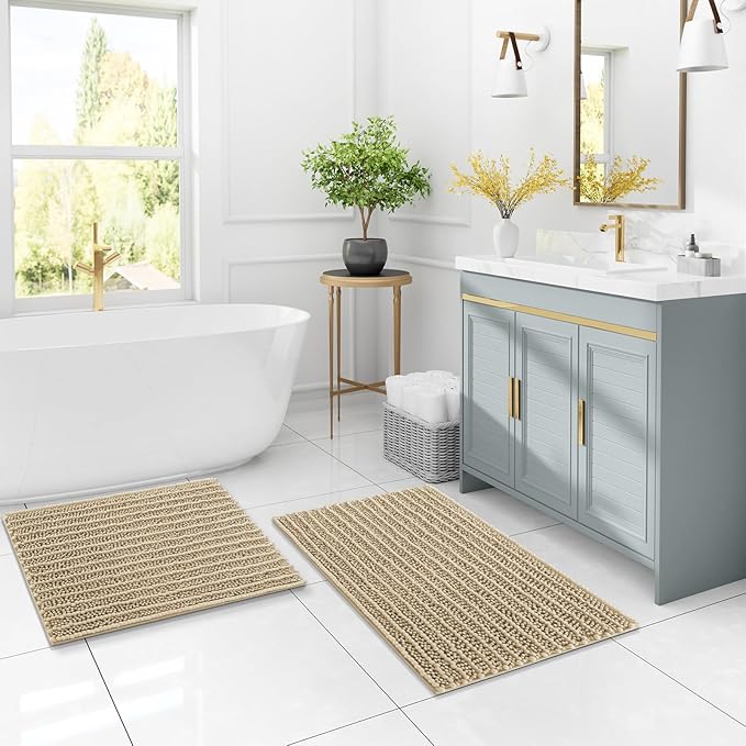 Arotive Luxury Chenille Bathroom Rug Mat, Extra Soft Thick Absorbent Shaggy Bath Rugs, Non-Slip Machine Wash Dry, Plush Bath Mats for Bathroom, Shower and Tub, 59x35, Beige