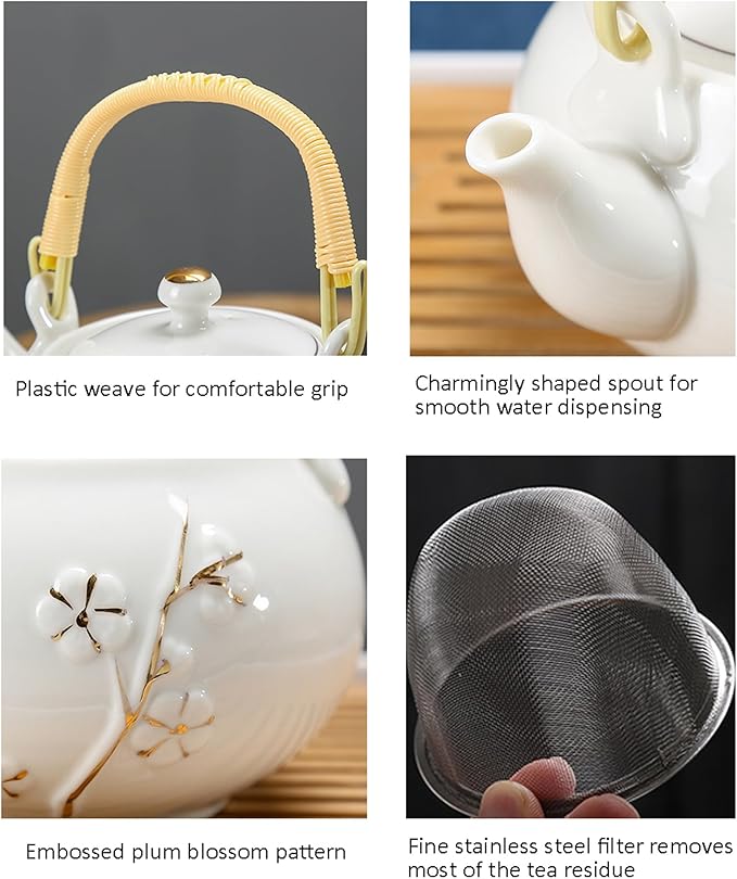 KEYDUACU Japanese Tea Set, White Ceramic Tea Set, Plum Blossom Embossed, Includes 1 Teapot, 6 Anti-scald Teacups,Tea Tray,Strainer, Used for Home, Outdoor, Gift, Chinese Kung Fu Tea Set(FDMH-FT-WHITE)