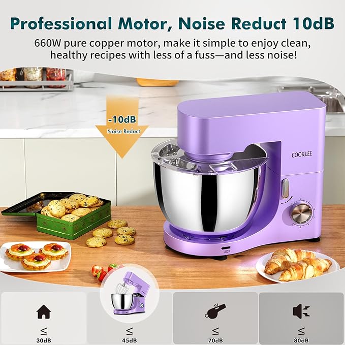 COOKLEE Stand Mixer, 9.5 Qt. 660W Electric Kitchen Mixer with Dishwasher-Safe Dough Hooks, Flat Beaters, Wire Whip & Pouring Shield Attachments for Most Home Cooks, Lavender