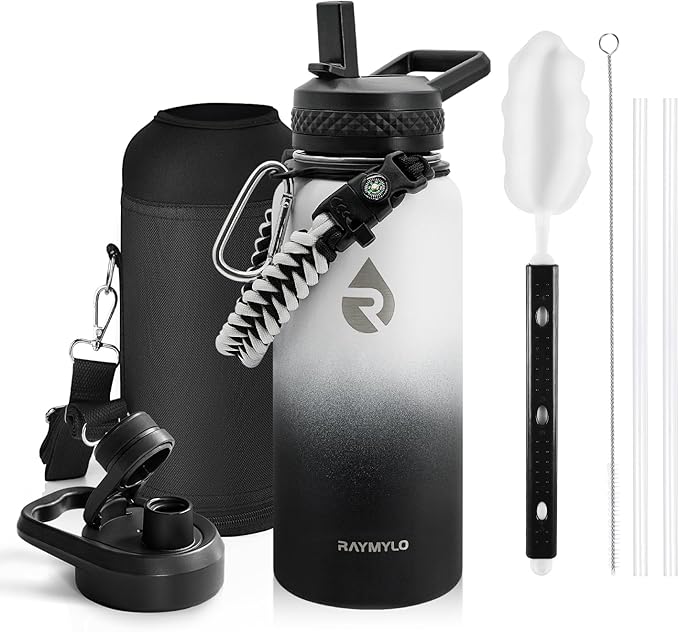 Insulated Water Bottle 32 oz, Triple Wall Vacuum Stainless Steel (Cold for 48 Hrs), Leak Proof & Non-BPA, Modern Water Flask Jug with Paracord Handle & Straw Spout Lids, Ombre: White/Black