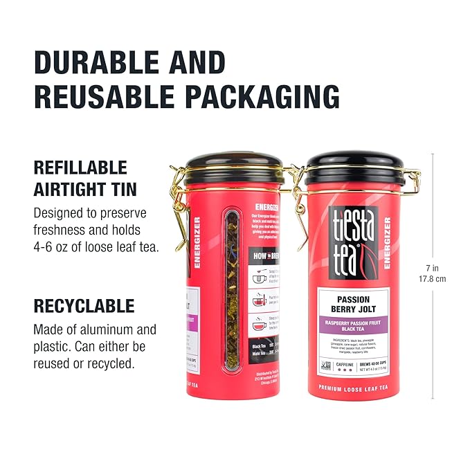 Tiesta Tea - Passion Berry Jolt, Loose Leaf, Raspberry Passion Fruit Black Tea, Premium Caffeinated Blend, Make Hot or Iced & Brews Up to 50 Cups, 4oz Refillable Tin