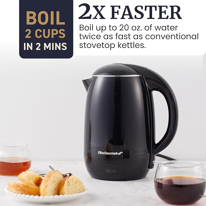 Elite Gourmet EKT1821 1.8L Double Wall Insulated, Cool-Touch 1500W Kettle w/Stainless Steel Interior & Lid, 360° Swivel Base for Cord Free Serving, Power On Lever, Auto Shut-Off, Boil Dry, Black
