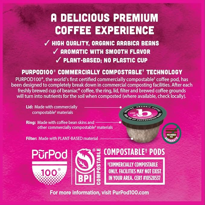 beaniac Organic Bean Me Up Coffeehouse Blend, Medium Roast, Single Serve Compostable K Cup Coffee Pods, Organic Arabica Coffee, Keurig Brewer Compatible, 30 Count