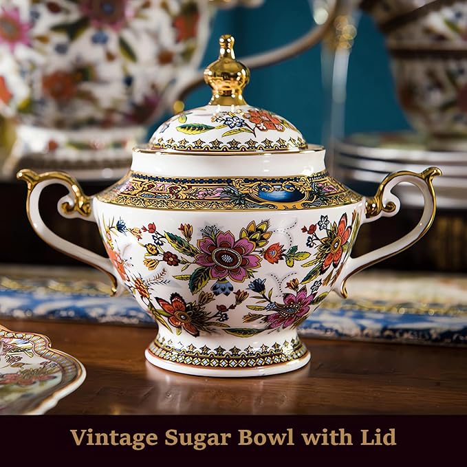 ACMLIFE Tea Set for Adults for 6, Blue and White Tea Set with Cups, Bone China Vintage Floral British English Tea Pot with Cups and Saucers for Women Party, Afternoon Service or Gift Giving (Pink)