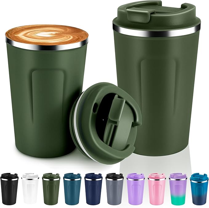 Volhoply 12 oz Double Wall Insulated Vacuum Travel Coffee Mugs with Flip Lid Bulk 2 Pack,Reusable Stainless Steel Leak Proof Coffee Cup,Portable Thermal Tumbler for Cold & Hot Drinks(Army Green,2 Set)