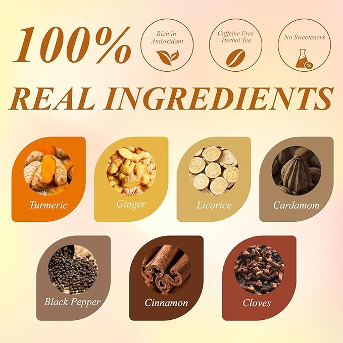 WT WEETEE Turmeric Chai Tea Bags, 2g x 100 Count, Caffeine-Free Turmeric Spiced Chai Tea, Includes Cinnamon, Licorice, Ginger Root, Cardamom, Cloves & More