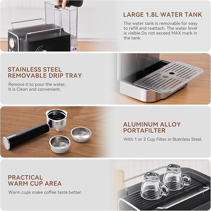 Espresso Machine 20 Bar, Professtional Espresso Coffee Maker with Milk Frother Steam Wand for Latte, Cappuccino, Espresso Maker with 1.8L Removable Water Tank, Gift for Dad or Mom