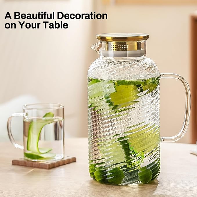 2 PACK Glass Pitcher with Lid, 68 oz/ 2 Liter Spiral Pattern Water Pitcher,Glass Water Carafe for Cold Brew, Coffee, Lemonade, Iced Sun Tea,Beverage, Milk, Heat Resistant