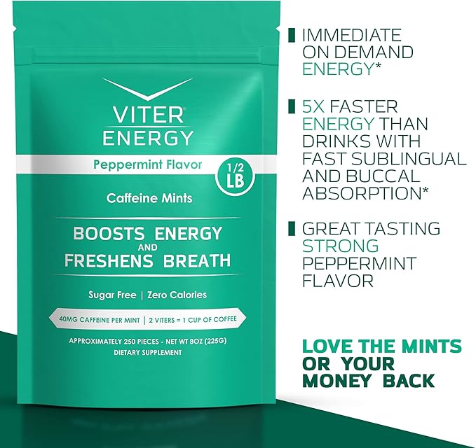 Viter Energy Caffeinated Mints 40mg Caffeine, B Vitamins, Sugar Free. (Peppermint, 8oz, Bulk Bag)