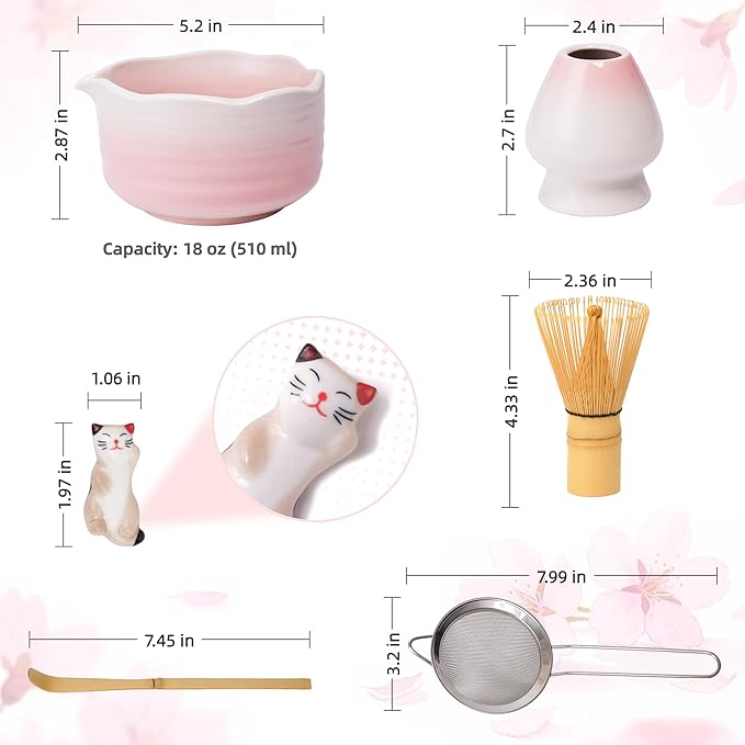 Pink Matcha Whisk Set, 6 Pcs Matcha Kit Includes Pink Matcha Bowl with Spout, Macha Whisk & Holder, Tea Scoop, Stainless Sifter, Cat Scoop Rest, Unique Macha Gifts for Women, Friend, Birthday