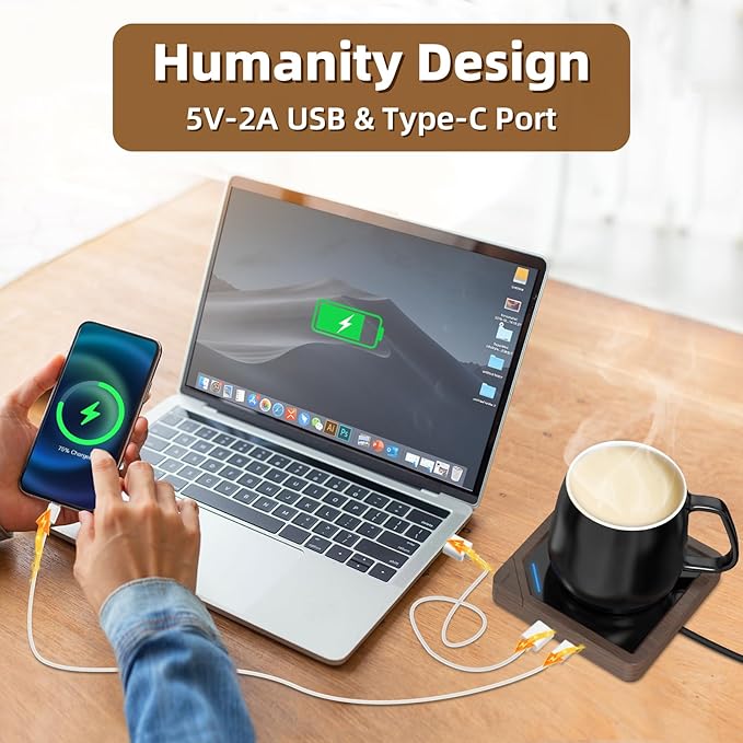 Coffee Mug Warmer with 2 USB Charging Ports: Auto Shut-Off Candle Wax Warmer - Heated Beverage Coffee Accessories for Home Office Desk - U1 Wood