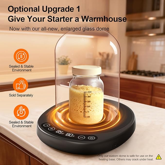 Sourdough Starter Warmer with Larger Glass Dome Set – Precision 1°F Temp Control (70–100°F), 12H Timer, Auto On/Off, for Reliable Fermentation of Sourdough Starters Giftset-WOD